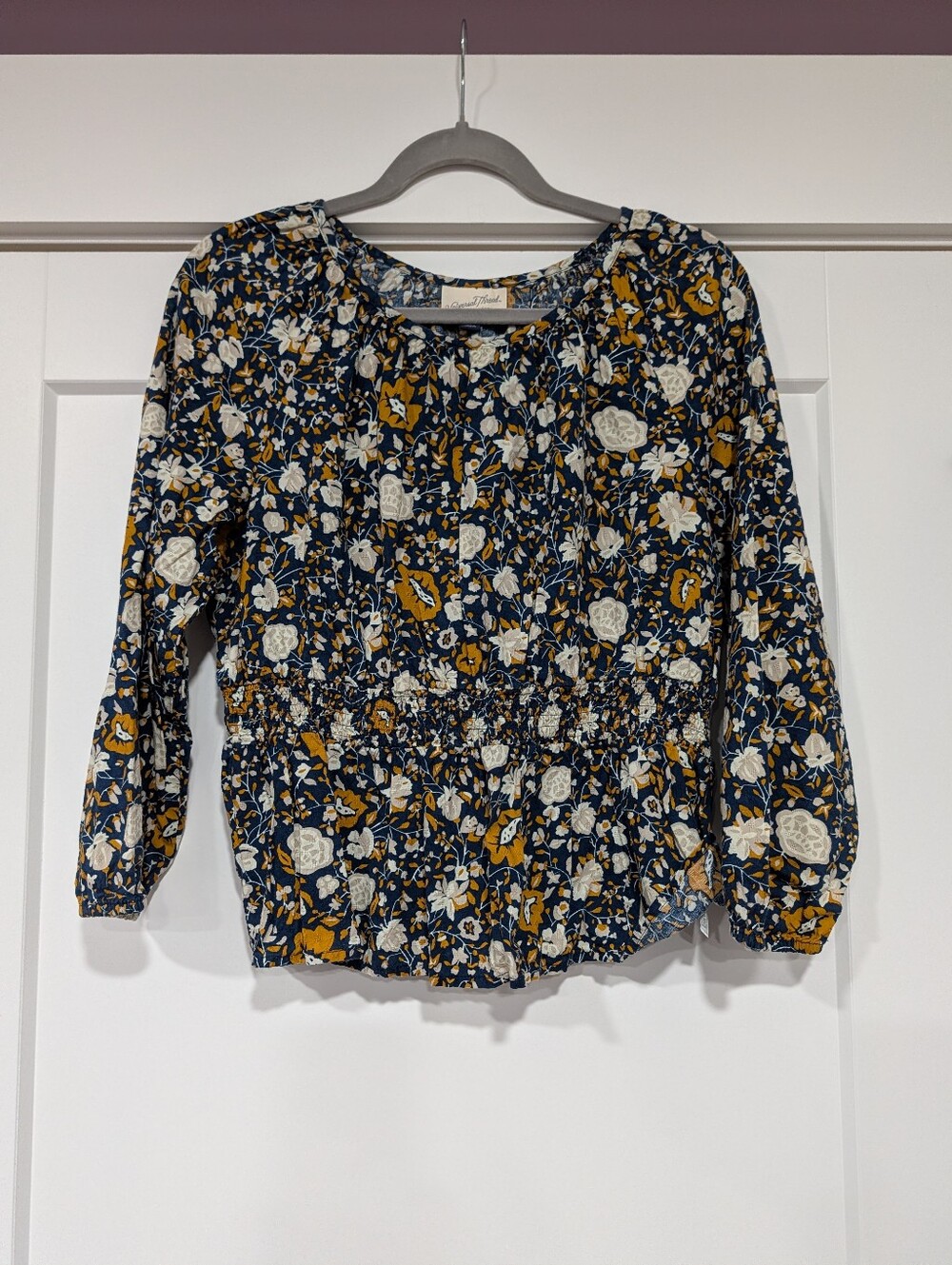 Floral Print Blouse With Smocked Waist, Size M